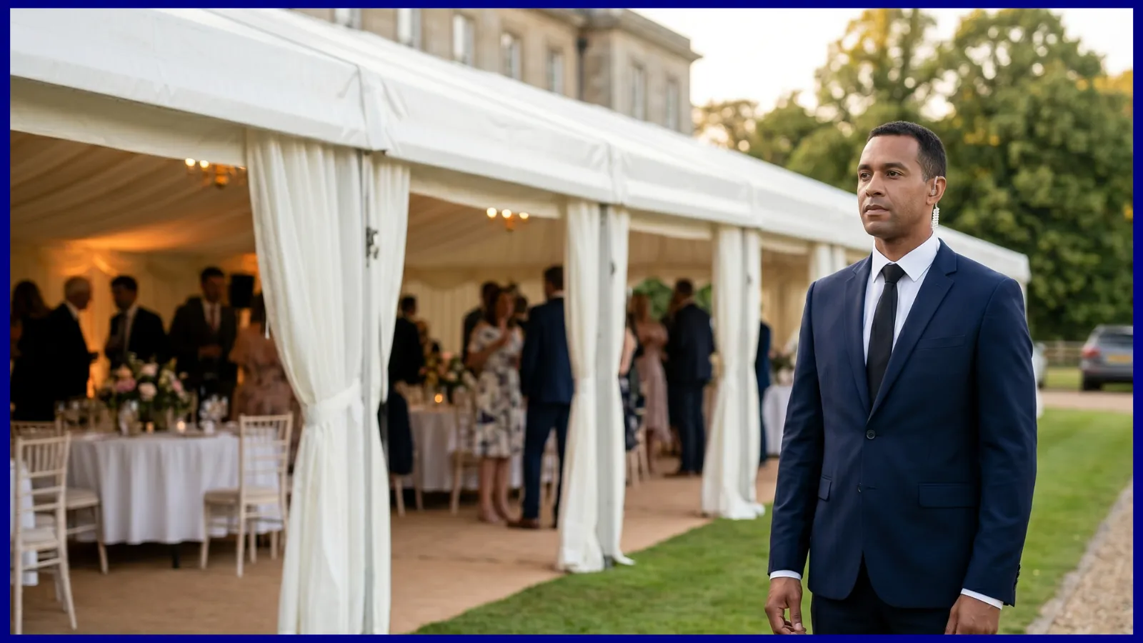 Discreet wedding security officer at the edge of a country-house marquee